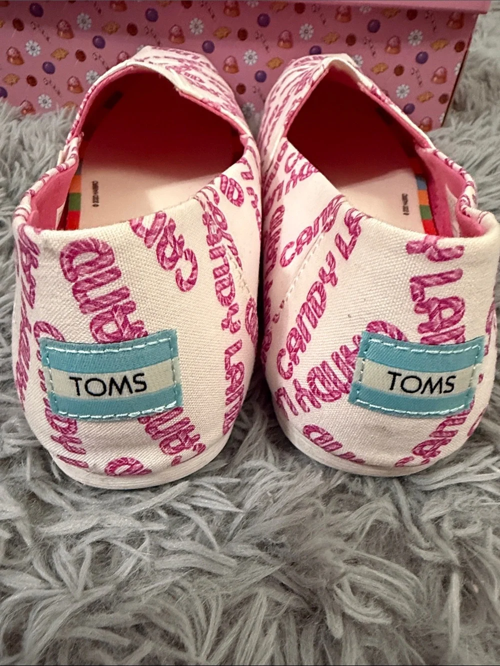 Toms Women's White Canvas Slip-Ons with Pink Candy Land Print